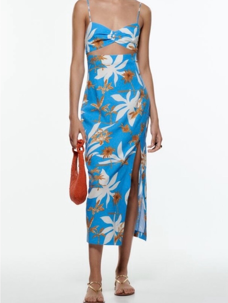 Zara Bright Blue Floral Cutout Midi Dress